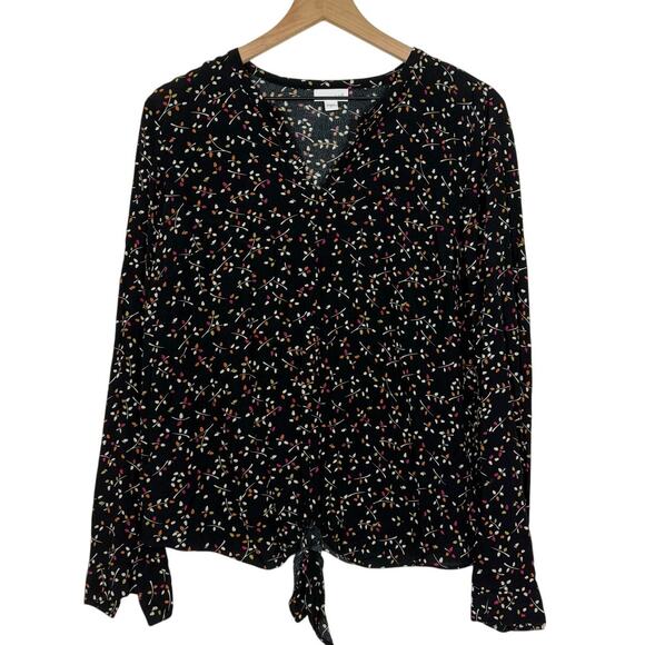 J. Jill Blouse Top Size Small Black Floral Tie Front Split Neck Long Sleeve Boho - Picture 2 of 9